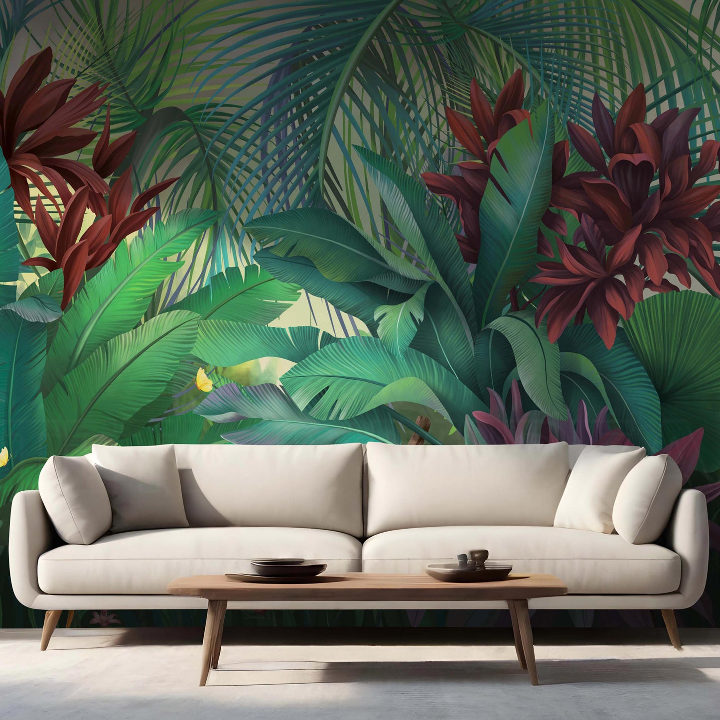 An architectural perspective of a modern living room featuring the Botanical Bliss Mural in Luxe Green as a full-scale feature wall behind a minimalist cream sofa. The mural’s vibrant, dark-toned greenery pairs elegantly with warm wood accents and natural light, creating an immersive and cultured interior sanctuary.