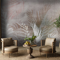 An architectural perspective of a refined Mediterranean-style lounge featuring the Breeze Mural as a full-scale feature wall. The mural’s warm, earthy tones pair strikingly with woven cane armchairs, a natural jute rug, and olive greenery, creating a peaceful and cultured interior sanctuary.