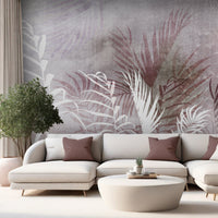 An architectural perspective of a refined contemporary lounge featuring the Breeze Mural in Subtle Red as a full-scale feature wall. The mural’s warm, earthy tones pair strikingly with natural oak furniture, cream linen upholstery, and clay pottery, creating a peaceful and cultured interior sanctuary.
