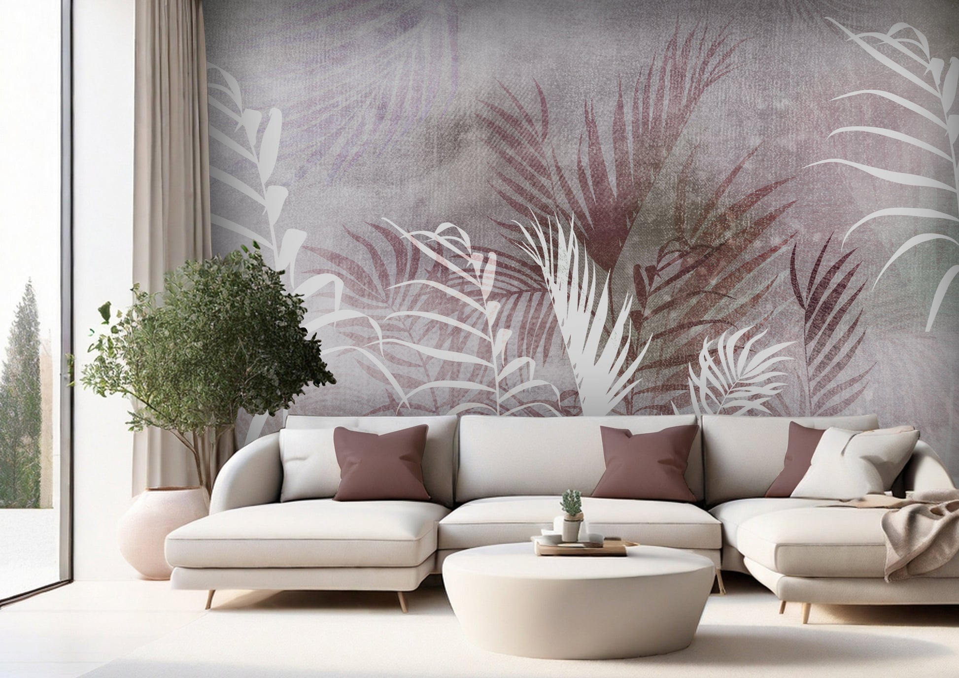 An architectural perspective of a refined contemporary lounge featuring the Breeze Mural in Subtle Red as a full-scale feature wall. The mural’s warm, earthy tones pair strikingly with natural oak furniture, cream linen upholstery, and clay pottery, creating a peaceful and cultured interior sanctuary.