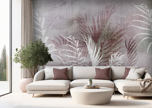 An architectural perspective of a refined contemporary lounge featuring the Breeze Mural in Subtle Red as a full-scale feature wall. The mural’s warm, earthy tones pair strikingly with natural oak furniture, cream linen upholstery, and clay pottery, creating a peaceful and cultured interior sanctuary.