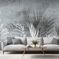 An architectural perspective of a refined contemporary lounge featuring the Breeze Mural in Cloudy Grey as a full-scale feature wall. The mural’s neutral, monochromatic palette pairs strikingly with sleek black metal accents, grey velvet upholstery, and natural wood flooring, creating a peaceful and cultured interior sanctuary.