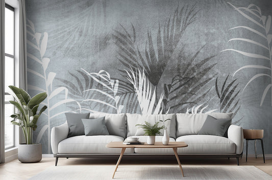 An architectural perspective of a refined contemporary lounge featuring the Breeze Mural in Cloudy Grey as a full-scale feature wall. The mural’s neutral, monochromatic palette pairs strikingly with sleek black metal accents, grey velvet upholstery, and natural wood flooring, creating a peaceful and cultured interior sanctuary.