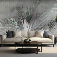 An architectural perspective of a refined contemporary lounge featuring the Breeze Mural in Feather Grey as a full-scale feature wall. The mural’s soft, neutral tones pair strikingly with light oak furniture, cream textiles, and minimalist décor, creating a peaceful and cultured interior sanctuary.