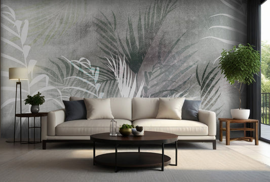 An architectural perspective of a refined contemporary lounge featuring the Breeze Mural in Feather Grey as a full-scale feature wall. The mural’s soft, neutral tones pair strikingly with light oak furniture, cream textiles, and minimalist décor, creating a peaceful and cultured interior sanctuary.