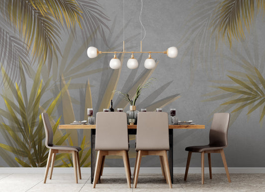 An architectural perspective of a contemporary lounge featuring the Calm Mural as a full-scale feature wall. The mural’s vibrant yellow and concrete tones pair elegantly with minimalist gray furniture, natural wood accents, and neutral textiles, creating a serene and sophisticated interior sanctuary.