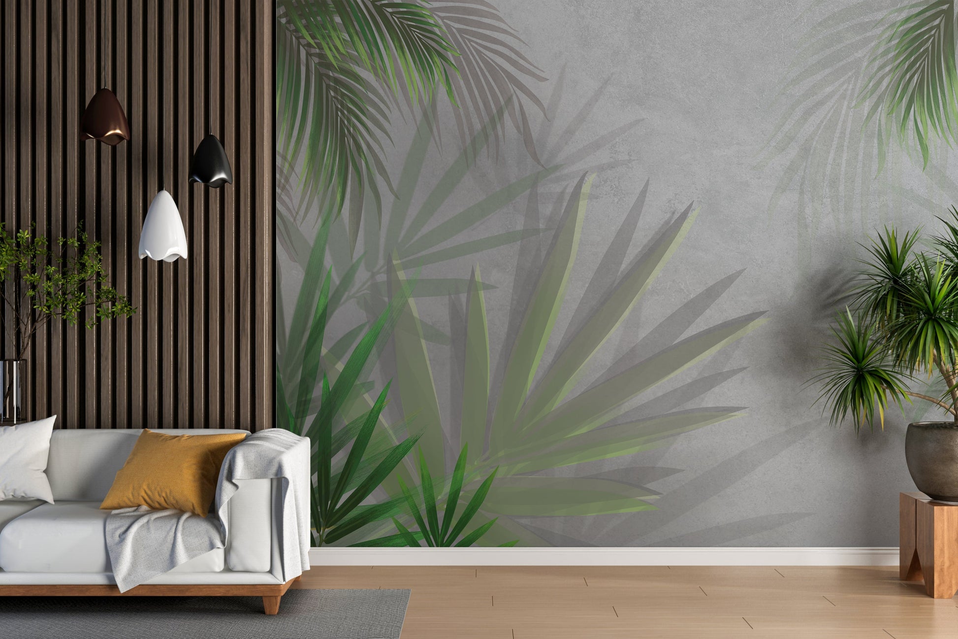 An architectural perspective of a modern living room featuring the Calm Mural as a full-scale feature wall. The mural’s deep green and concrete tones pair elegantly with neutral beige upholstery, light wood furniture, and high-quality textiles, creating a serene and sophisticated interior sanctuary.