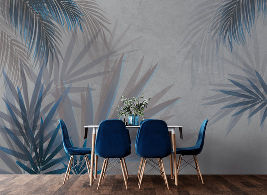 An architectural perspective of a contemporary lounge featuring the Calm Mural as a full-scale feature wall. The mural’s vibrant blue and concrete tones pair elegantly with minimalist white furniture, chrome accents, and cool-toned textiles, creating a serene and sophisticated interior sanctuary.