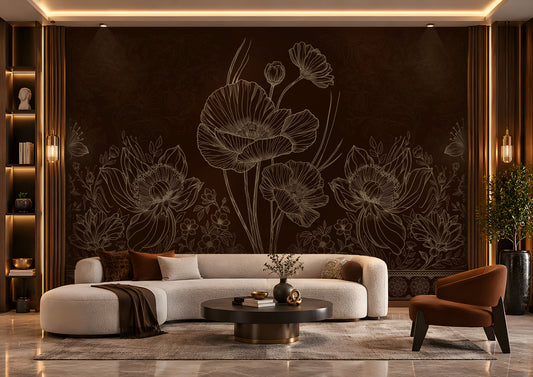 A modern living room featuring a large dark brown floral wall mural with white line-art poppy designs behind a curved cream sectional sofa, a round black coffee table, and a rust-orange accent chair.