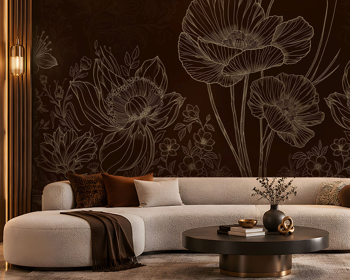 A modern living room featuring a large dark brown floral wall mural with white line-art poppy designs behind a curved cream sectional sofa, a round black coffee table, and a rust-orange accent chair.