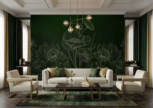 A modern living room featuring a large dark green accent wall with a white floral line-art pattern, styled with a white sofa, two cream armchairs, a glass coffee table, and a green patterned rug.