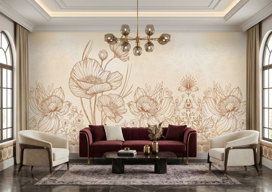 A styled living room featuring a large beige floral wallpaper mural on the back wall, with a burgundy sofa, two cream armchairs, a black coffee table, and a modern multi-light chandelier.