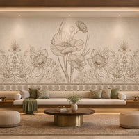 A large-scale floral wall mural with detailed poppy and wildflower line art in beige and brown tones, displayed in a modern living room setting above a long white sofa with green cushions.