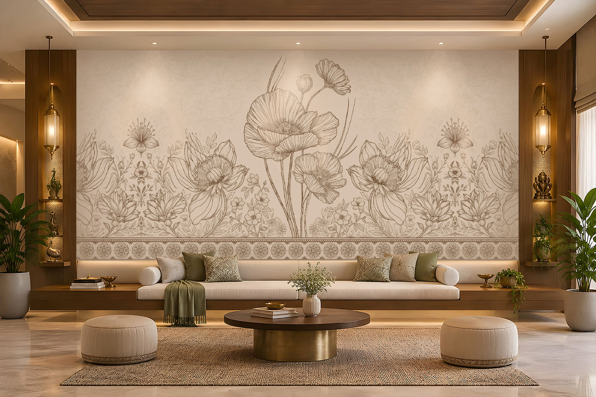 A large-scale floral wall mural with detailed poppy and wildflower line art in beige and brown tones, displayed in a modern living room setting above a long white sofa with green cushions.