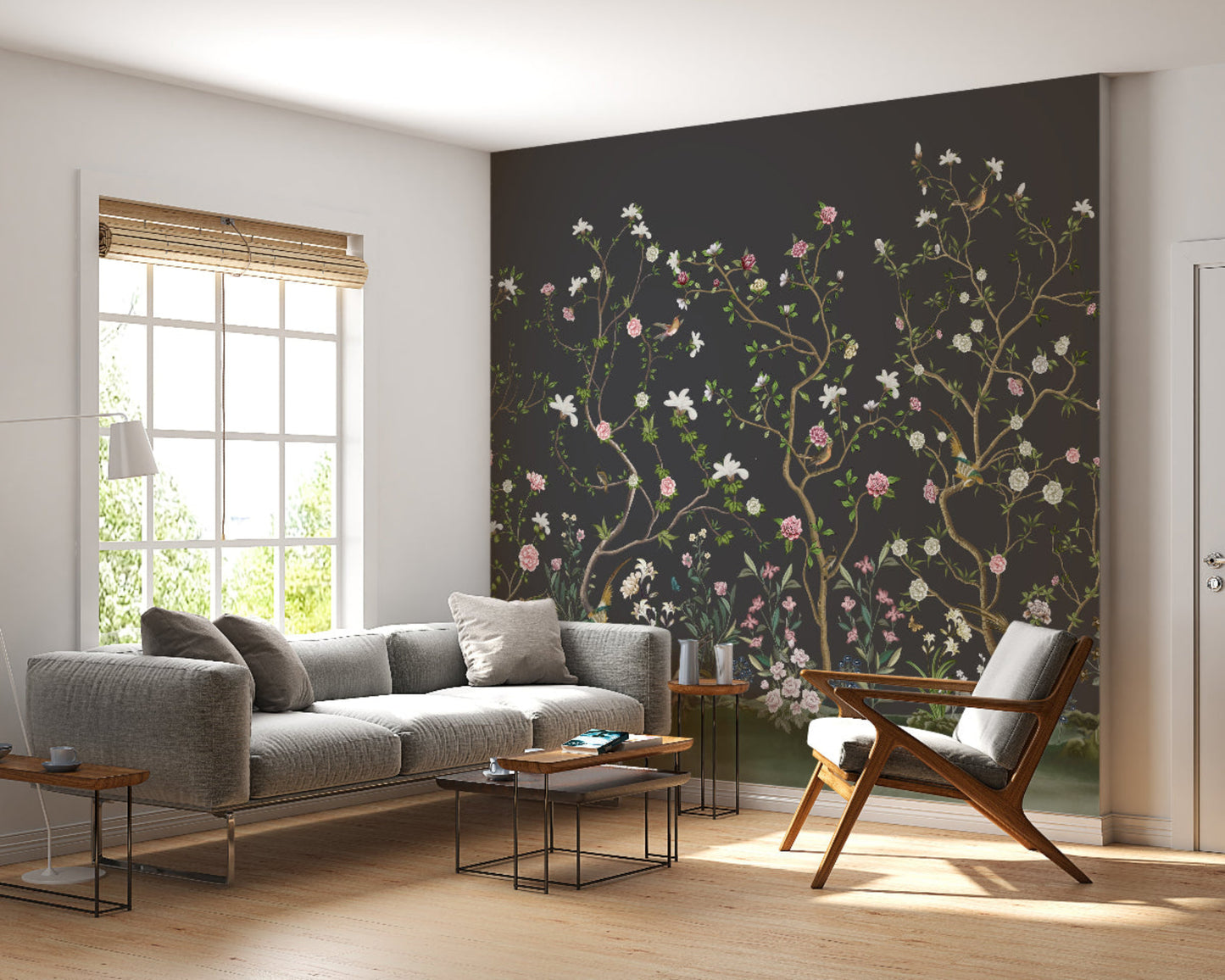 Charcoal grey peony floral mural wallpaper with artistic botanical pattern in contemporary bedroom.