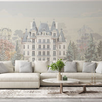 Soft ivory classic landscape mural wallpaper installed as a feature wall in living room, dining room, and bedroom interiors with elegant countryside design.