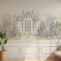 Soft ivory classic landscape mural wallpaper installed as a feature wall in living room, dining room, and bedroom interiors with elegant countryside design.