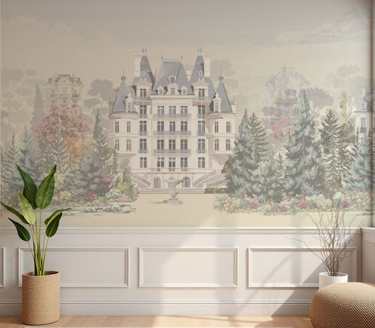 Soft ivory classic landscape mural wallpaper installed as a feature wall in living room, dining room, and bedroom interiors with elegant countryside design.