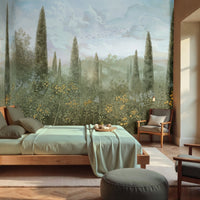 Modern bedroom with scenic wall mural and natural light