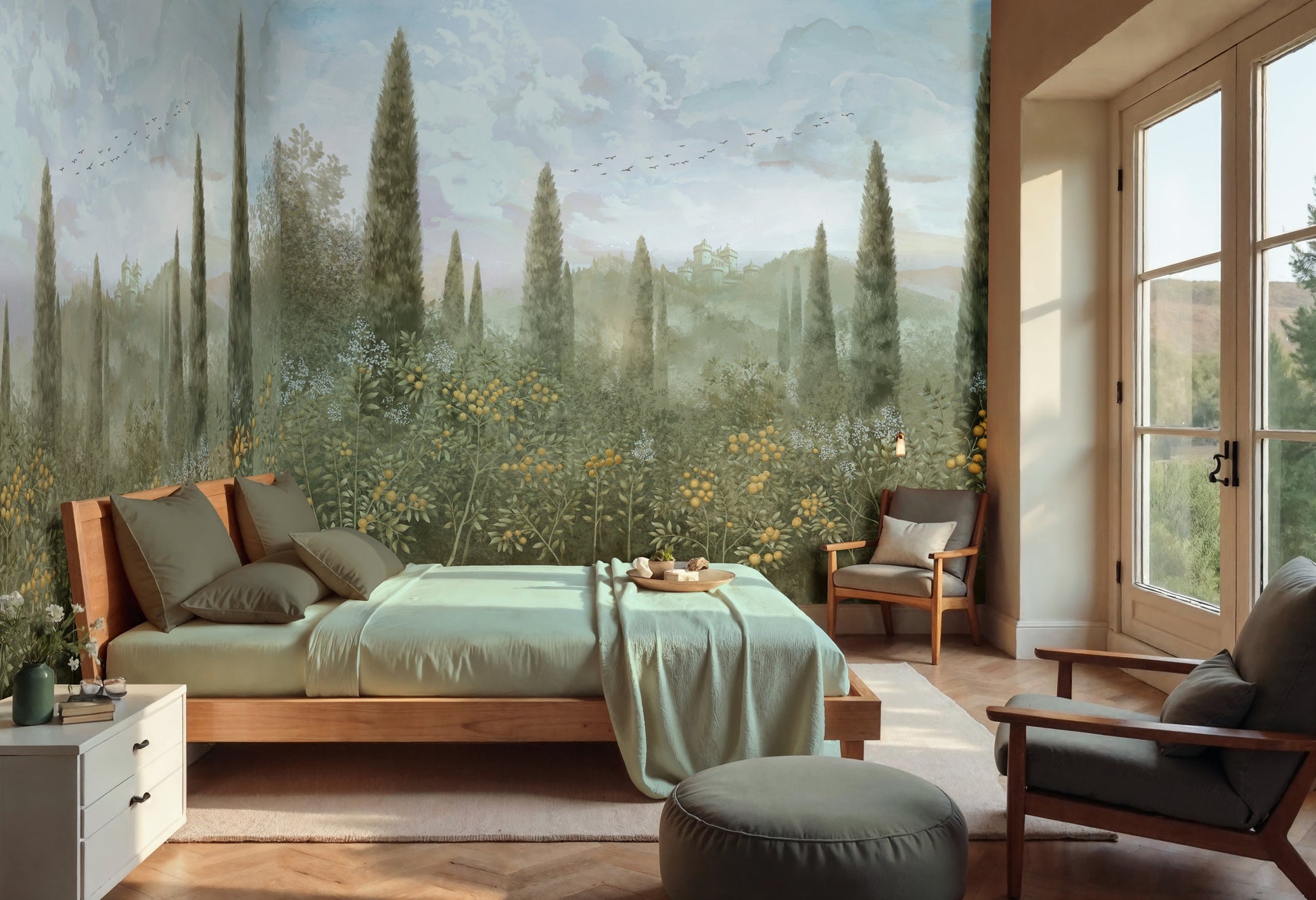 Modern bedroom with scenic wall mural and natural light