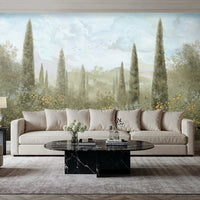 Blue mist floral mural wallpaper with classical citrus orchard design installed as a feature wall in living room, dining room, and bedroom interiors.