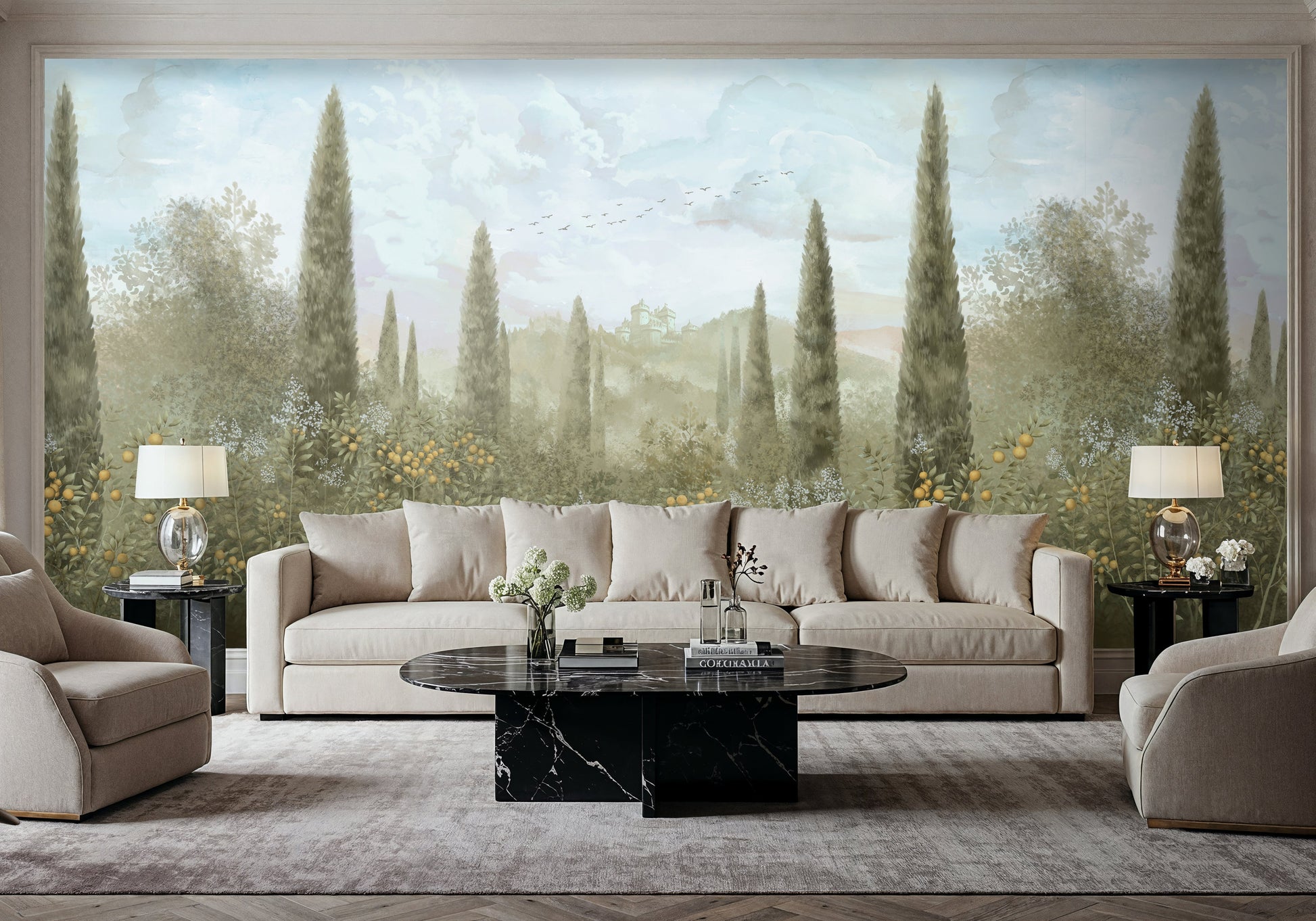 Blue mist floral mural wallpaper with classical citrus orchard design installed as a feature wall in living room, dining room, and bedroom interiors.