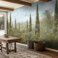 Blue mist floral mural wallpaper with classical citrus orchard design installed as a feature wall in living room, dining room, and bedroom interiors.