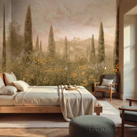 Classical citrus orchard mural in 'Clay Dusk.' A vintage-style botanical wall design featuring lemon trees and lush foliage in muted terracotta and earthy grey tones