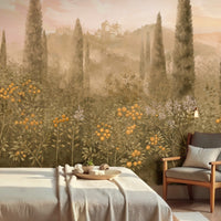 Classical citrus orchard mural in 'Clay Dusk.' A vintage-style botanical wall design featuring lemon trees and lush foliage in muted terracotta and earthy grey tones