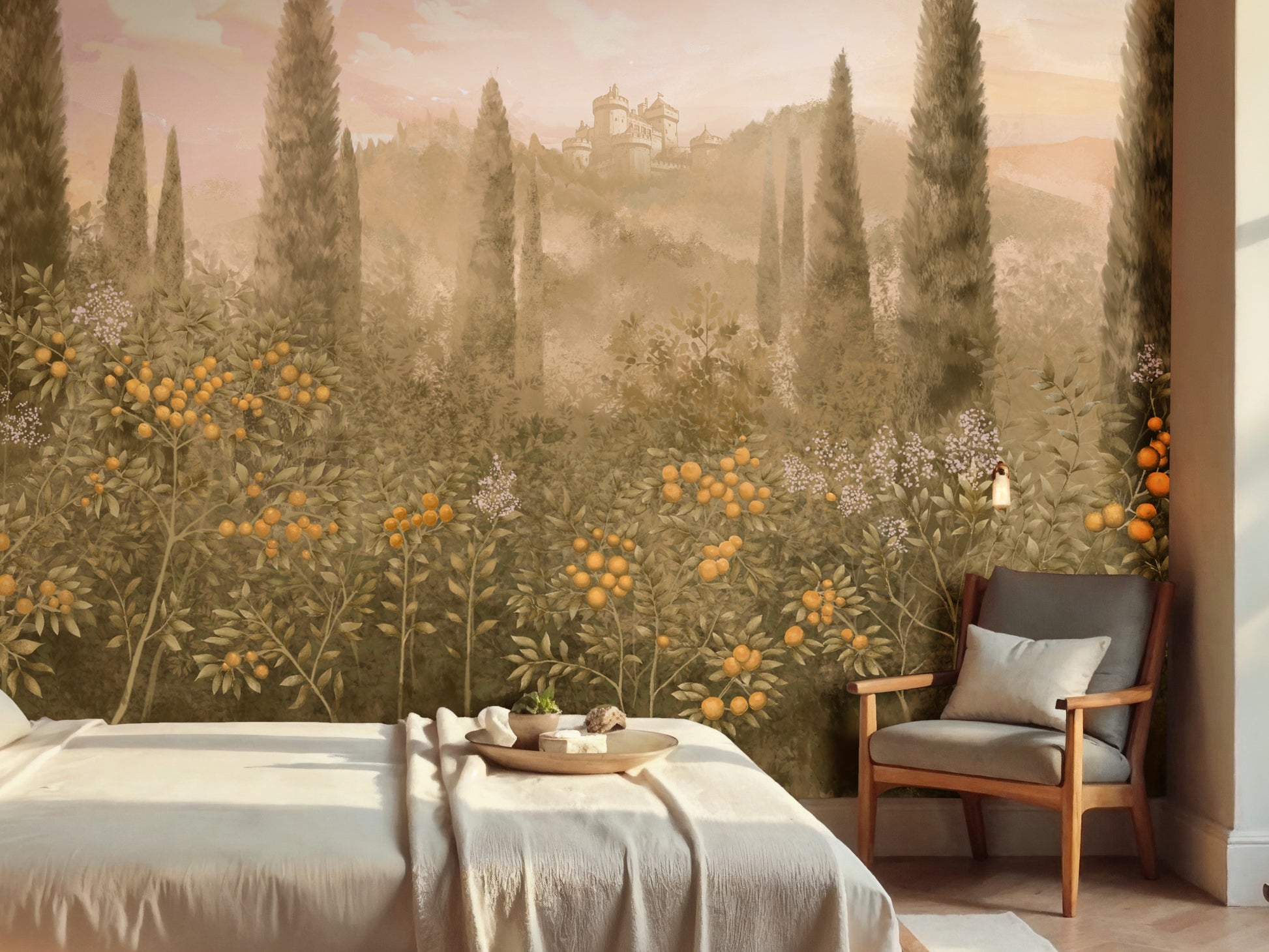 Classical citrus orchard mural in 'Clay Dusk.' A vintage-style botanical wall design featuring lemon trees and lush foliage in muted terracotta and earthy grey tones