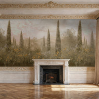 Classical citrus orchard mural in 'Clay Dusk.' A vintage-style botanical wall design featuring lemon trees and lush foliage in muted terracotta and earthy grey tones