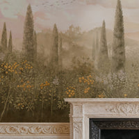 Clay dusk floral mural wallpaper with classical citrus orchard design installed as a feature wall in living room, dining room, and bedroom interiors.