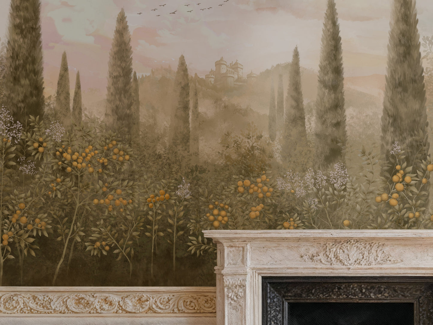 Clay dusk floral mural wallpaper with classical citrus orchard design installed as a feature wall in living room, dining room, and bedroom interiors.