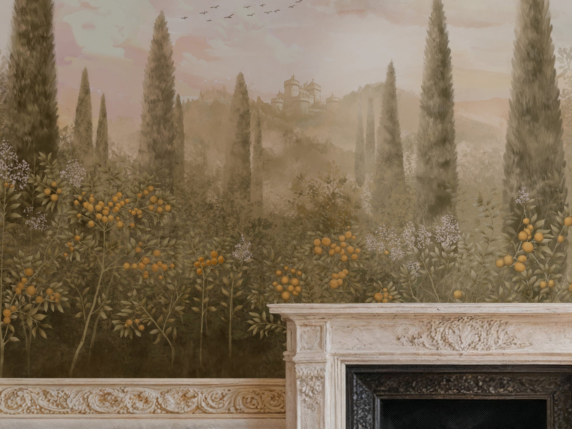 Clay dusk floral mural wallpaper with classical citrus orchard design installed as a feature wall in living room, dining room, and bedroom interiors.