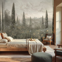 Stone clay floral mural wallpaper with classical citrus orchard design installed as a feature wall in living room, dining room, and bedroom interiors.