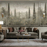 Stone clay floral mural wallpaper with classical citrus orchard design installed as a feature wall in living room, dining room, and bedroom interiors.