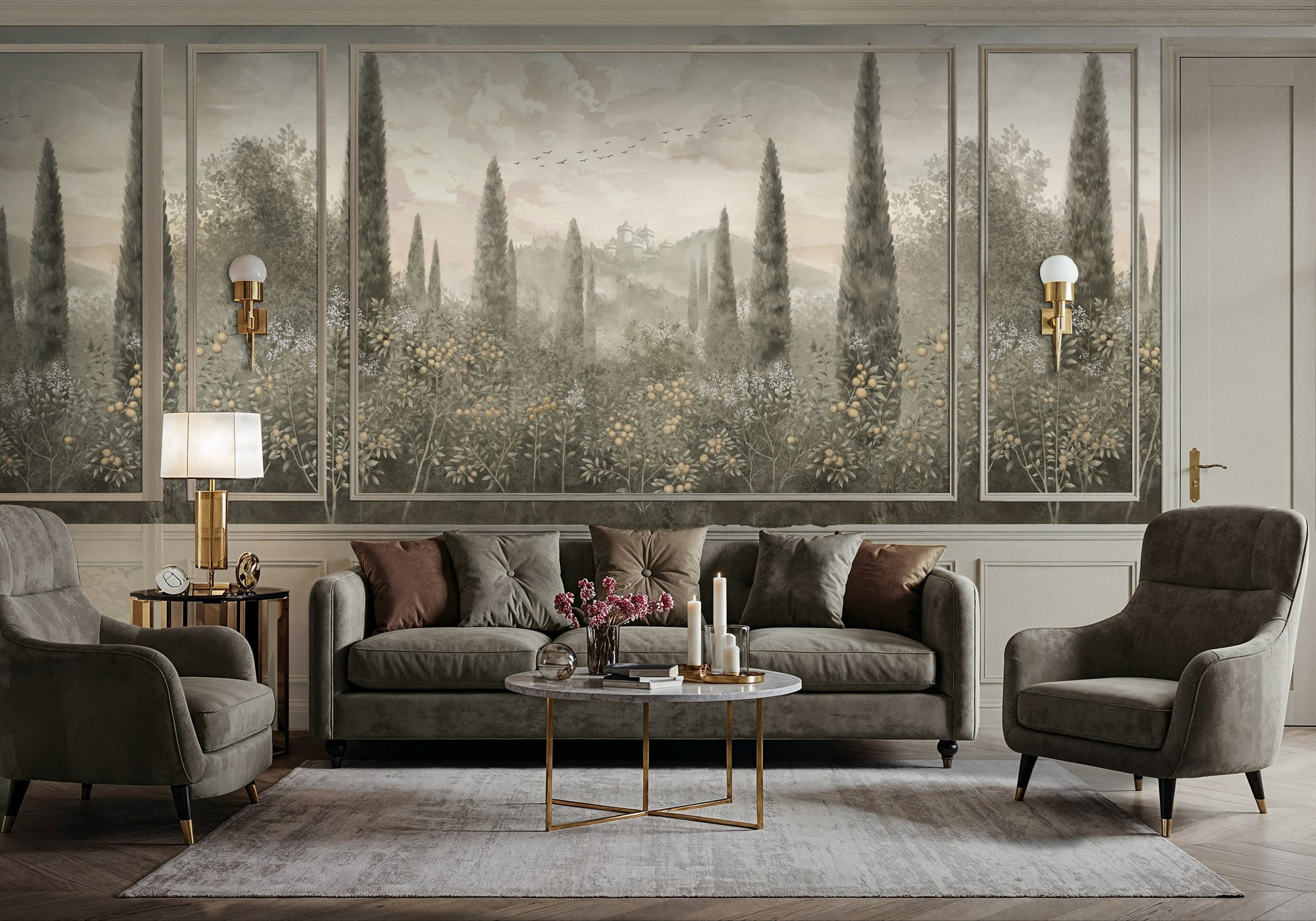 Stone clay floral mural wallpaper with classical citrus orchard design installed as a feature wall in living room, dining room, and bedroom interiors.