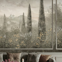 Stone clay floral mural wallpaper with classical citrus orchard design installed as a feature wall in living room, dining room, and bedroom interiors.