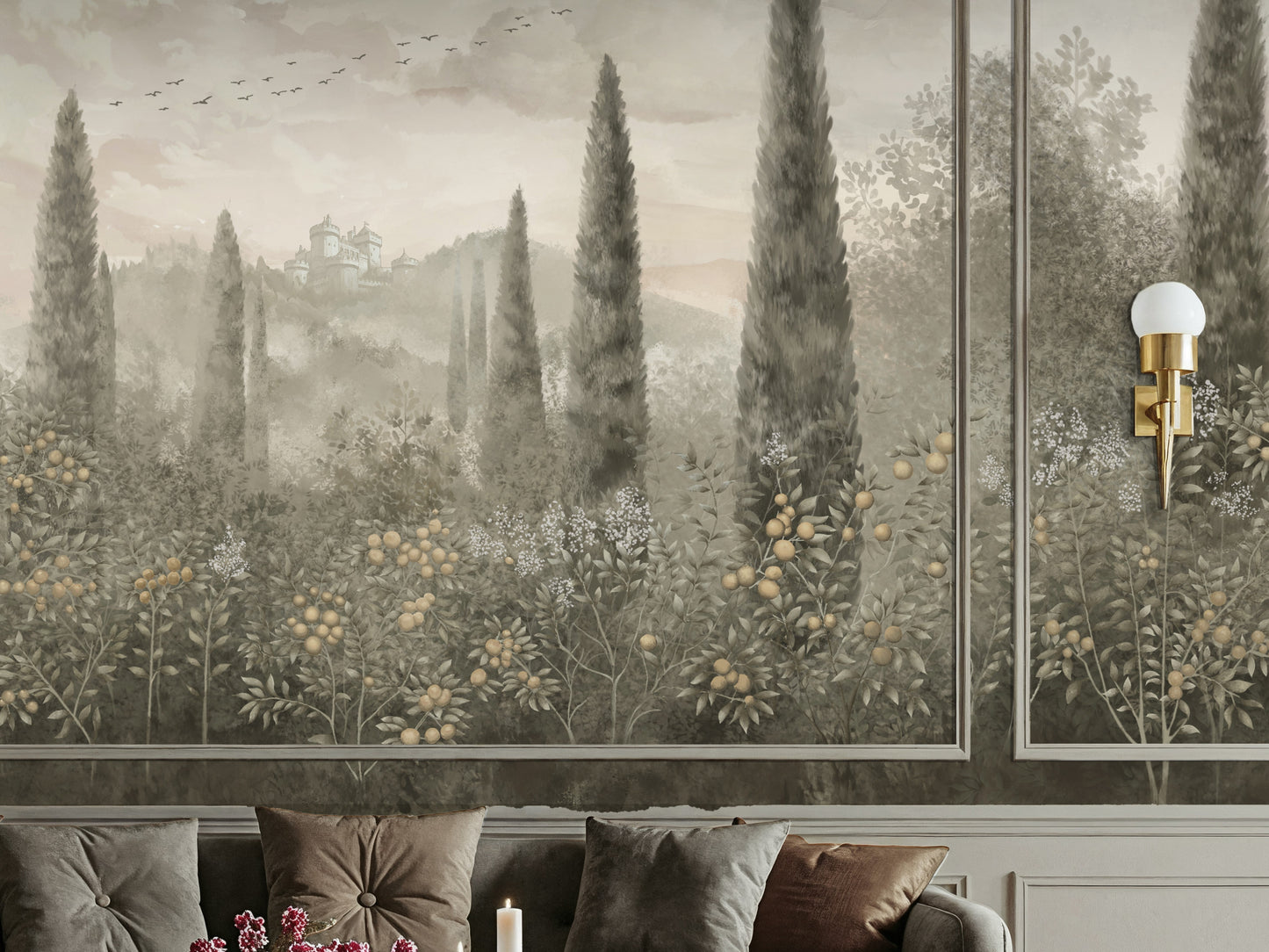 Stone clay floral mural wallpaper with classical citrus orchard design installed as a feature wall in living room, dining room, and bedroom interiors.
