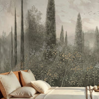 Stone clay floral mural wallpaper with classical citrus orchard design installed as a feature wall in living room, dining room, and bedroom interiors.