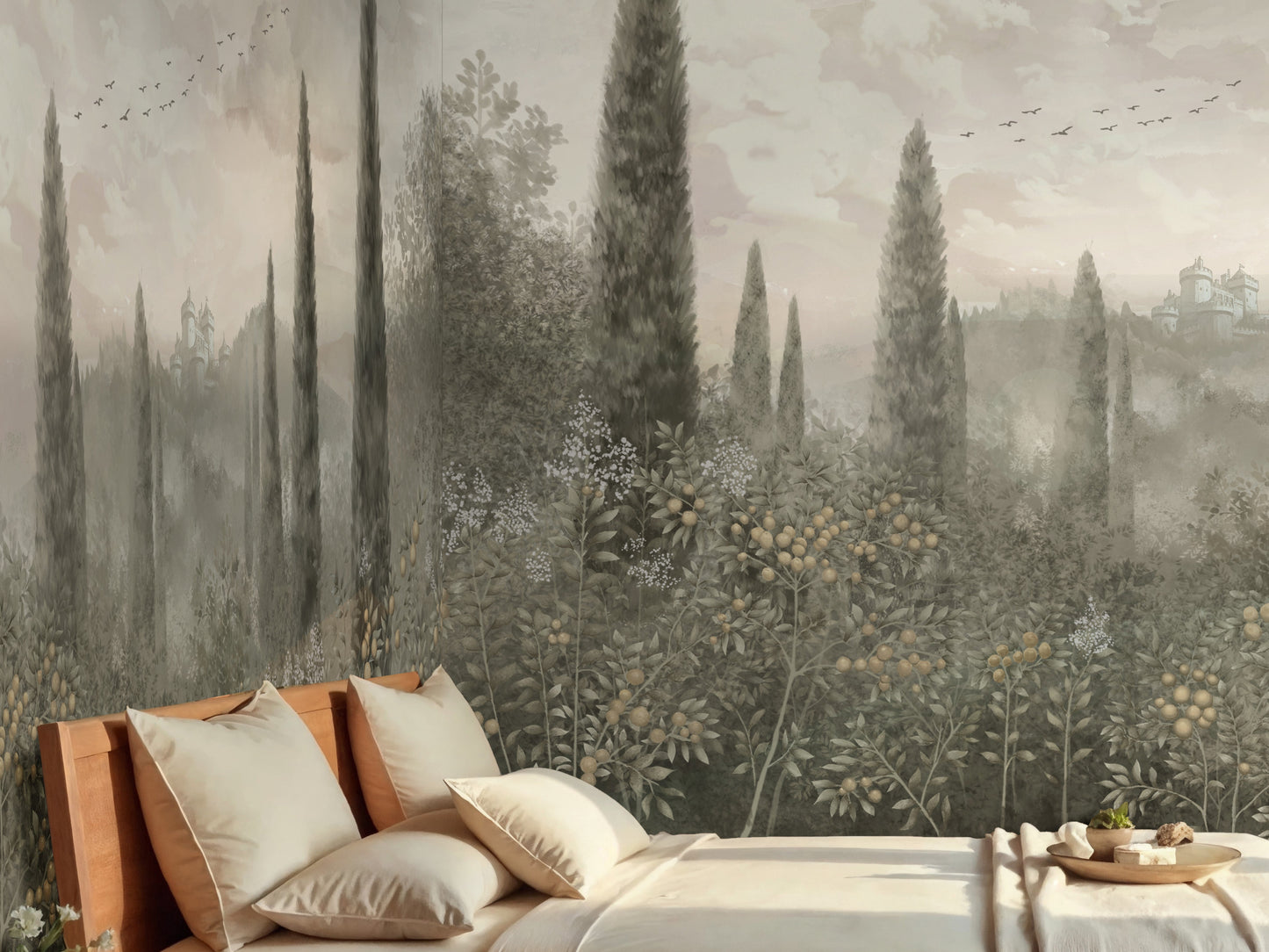 Stone clay floral mural wallpaper with classical citrus orchard design installed as a feature wall in living room, dining room, and bedroom interiors.