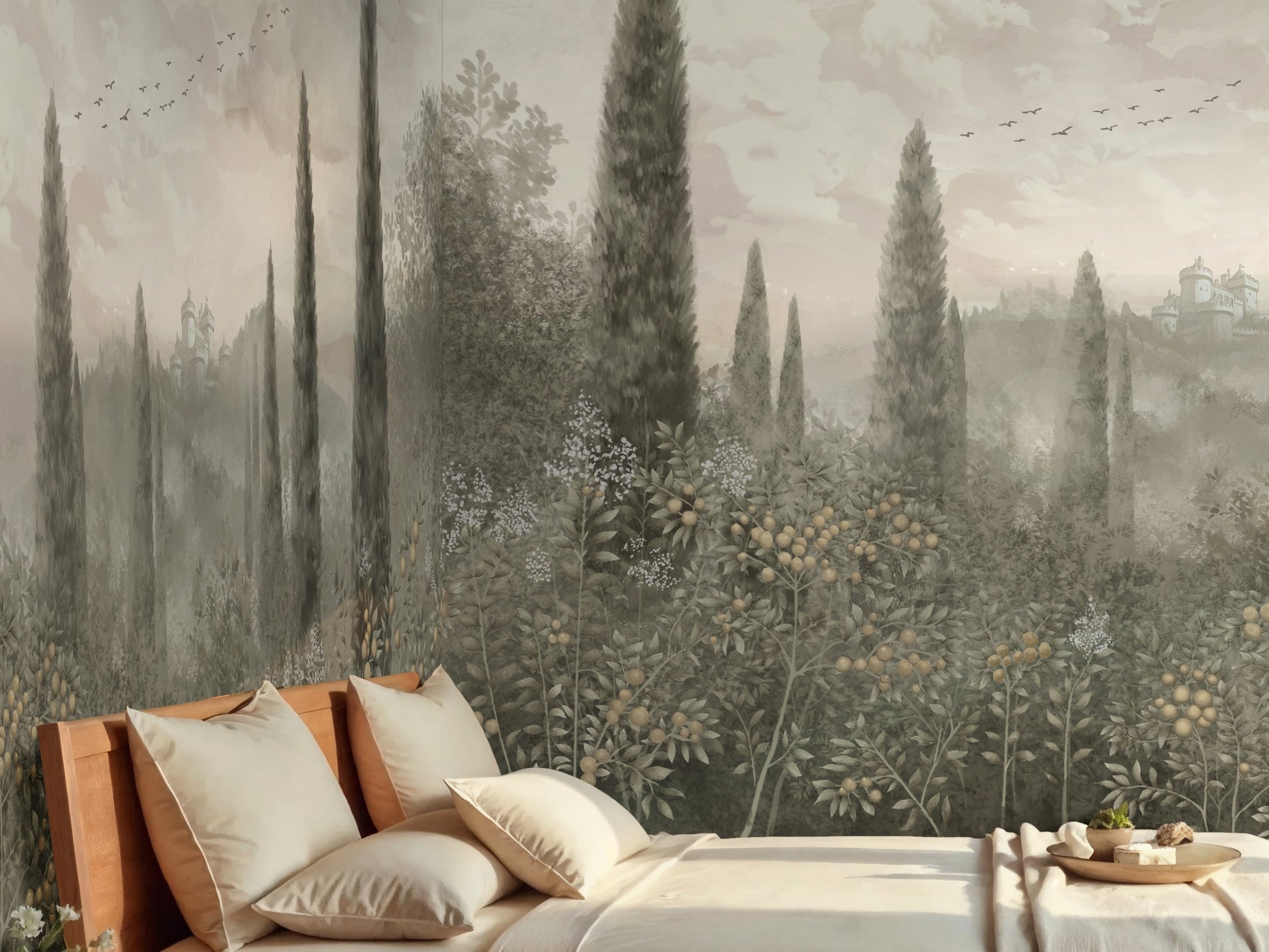 Stone clay floral mural wallpaper with classical citrus orchard design installed as a feature wall in living room, dining room, and bedroom interiors.