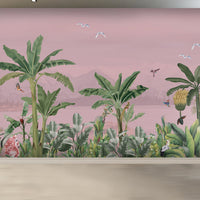 An architectural perspective of a modern living space featuring the Coastal Canopy Mural in Blush Pink as a full-width panoramic feature wall. The mural’s expansive landscape pairs elegantly with light-toned wooden flooring and minimalist furniture, creating a peaceful, sunset-inspired retreat.