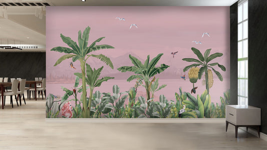 An architectural perspective of a modern living space featuring the Coastal Canopy Mural in Blush Pink as a full-width panoramic feature wall. The mural’s expansive landscape pairs elegantly with light-toned wooden flooring and minimalist furniture, creating a peaceful, sunset-inspired retreat.