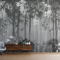 An architectural perspective of a high-end contemporary dining room featuring the Cosmic Contemporary Mural in Chalk Gray as a full-scale feature wall. The mural’s neutral, monochromatic tones pair elegantly with light oak furniture, minimalist textiles, and black metal accents, creating a serene and cultured interior sanctuary.