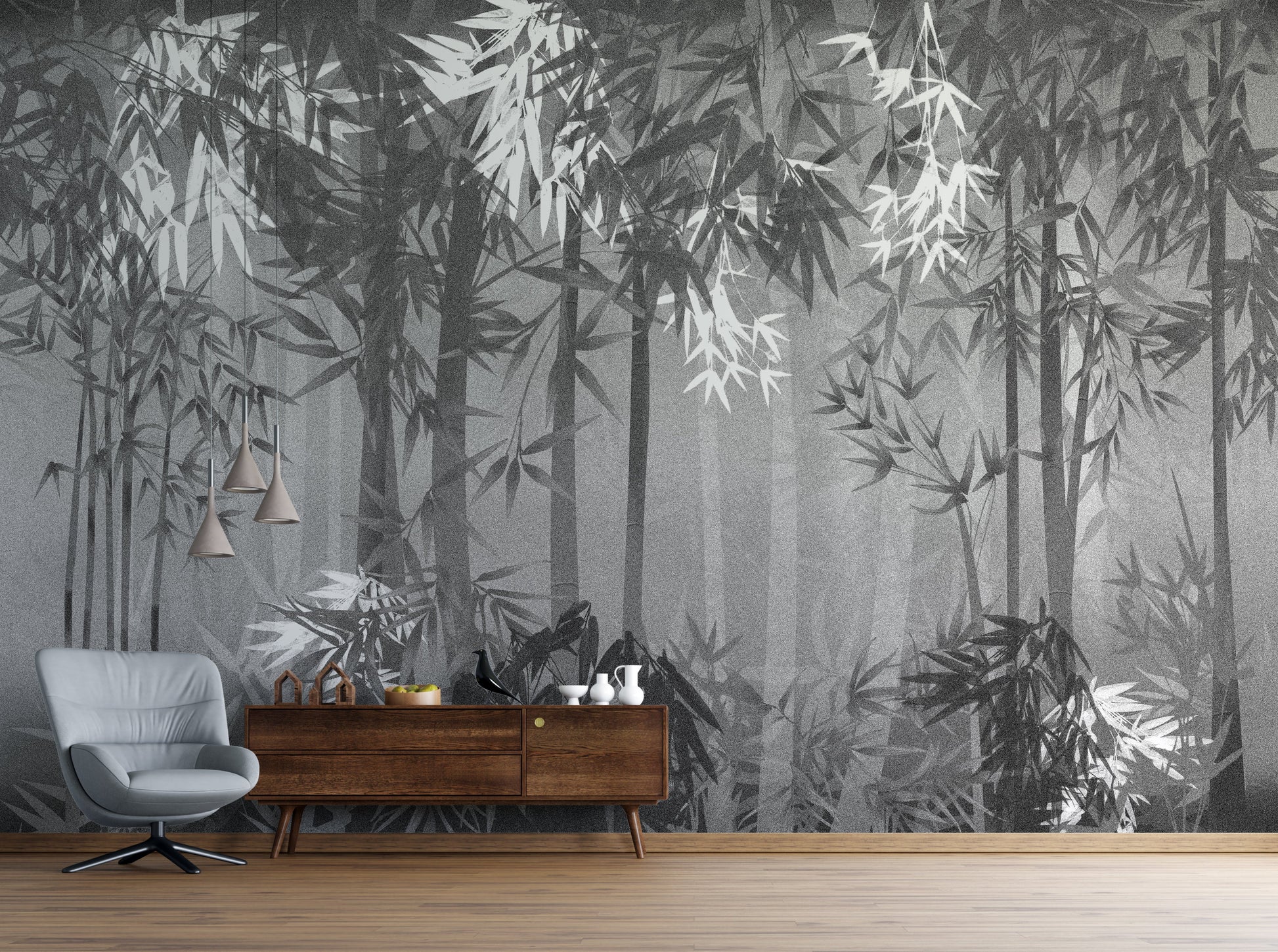 An architectural perspective of a high-end contemporary dining room featuring the Cosmic Contemporary Mural in Chalk Gray as a full-scale feature wall. The mural’s neutral, monochromatic tones pair elegantly with light oak furniture, minimalist textiles, and black metal accents, creating a serene and cultured interior sanctuary.
