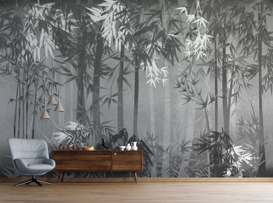 An architectural perspective of a high-end contemporary dining room featuring the Cosmic Contemporary Mural in Chalk Gray as a full-scale feature wall. The mural’s neutral, monochromatic tones pair elegantly with light oak furniture, minimalist textiles, and black metal accents, creating a serene and cultured interior sanctuary.