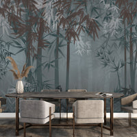 An architectural perspective of a high-end contemporary dining room featuring the Cosmic Contemporary Mural as a full-scale feature wall. The mural’s cool, atmospheric teal tones pair elegantly with marble surfaces, velvet upholstery, and warm metal accents, creating a peaceful and cultured interior sanctuary.