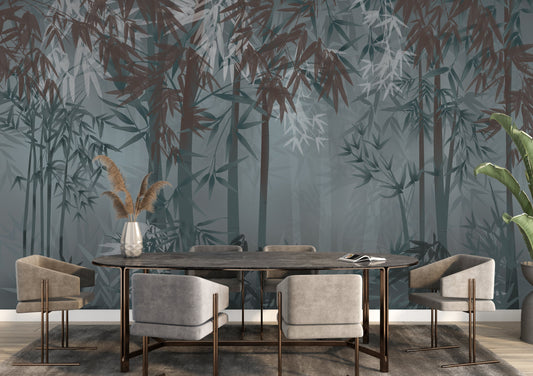 An architectural perspective of a high-end contemporary dining room featuring the Cosmic Contemporary Mural as a full-scale feature wall. The mural’s cool, atmospheric teal tones pair elegantly with marble surfaces, velvet upholstery, and warm metal accents, creating a peaceful and cultured interior sanctuary.
