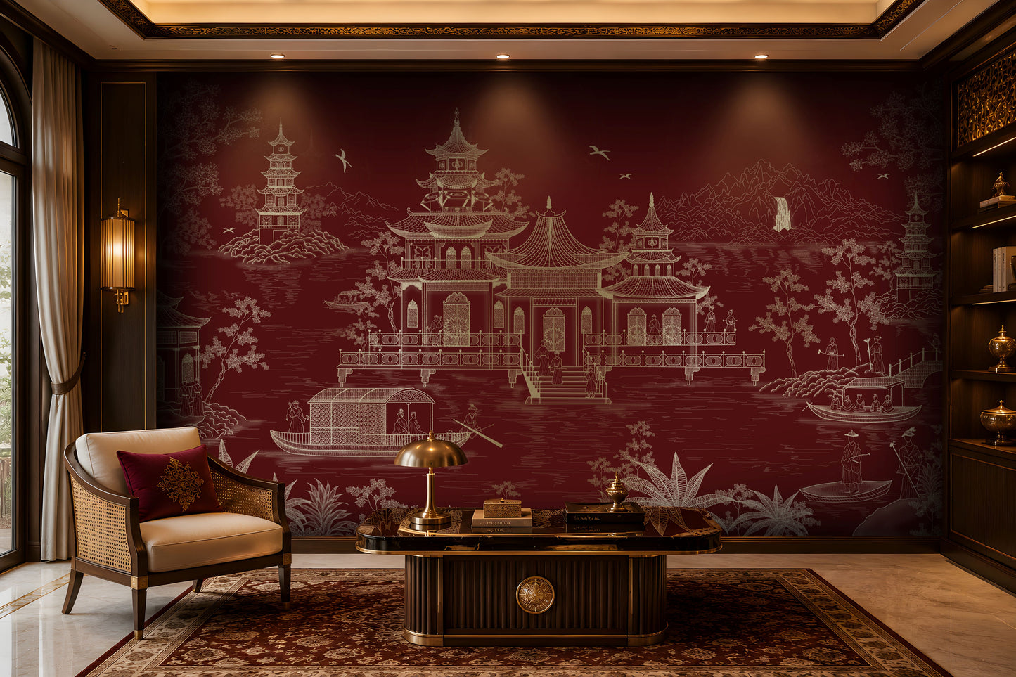 A luxury living room featuring a large wall mural with a white Chinese-style landscape and pagoda design on a deep burgundy background. The room is styled with a dark wood coffee table, a beige armchair with a decorative pillow, a patterned area rug, and warm ambient lighting.